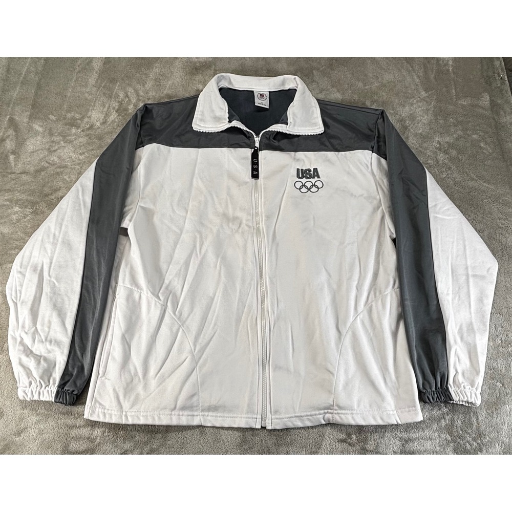 USA Olympic Committee Track Jacket Mens XL White Grey Good Fleece lined USA made